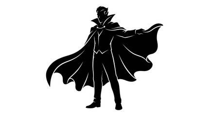 Male figure in silhouette with a dramatic cape and a pointed collar, striking a dynamic pose with one arm extended, suggesting a powerful and mysterious character. © MstShopna