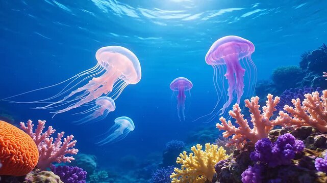 Colorful jellyfish and coral reef underwater