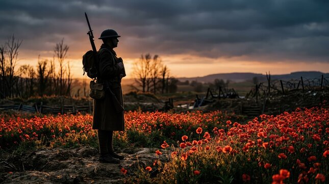 Silhouette of a soldier standing in a field of red poppies at sunset during remembrance day