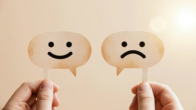 Hands presenting paper speech bubbles featuring contrasting happy and sad faces, symbolizing feedback, user experience, and emotional states