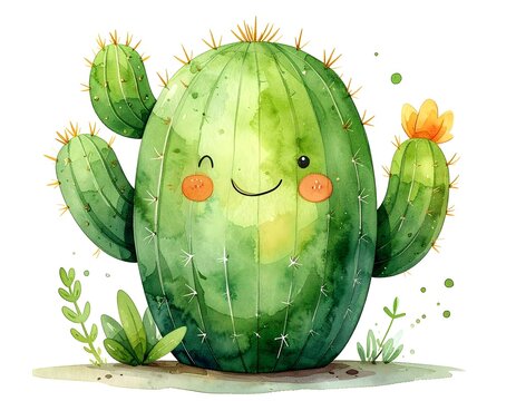 Cute watercolor cactus character smiling with eyes winked and a flower bud on its arm.