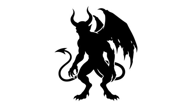 Mythical devil creature with horns, large wings, and a long tail is presented as a black silhouette on a white background, evoking themes of fantasy and evil.
