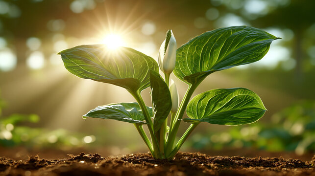 A small green plant with a white bud growing in soil during warm sunset sunlight