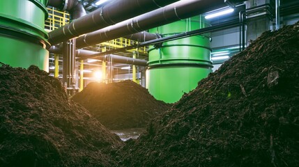 Obraz premium Organic compost piles within industrial facility processing green waste, emphasizing sustainable circular economy