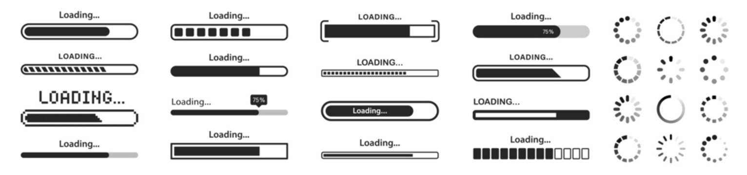 Loading bar icons set. Download and upload progress icon. Loading status, loader, indicator, load, interface, update - stock vector.