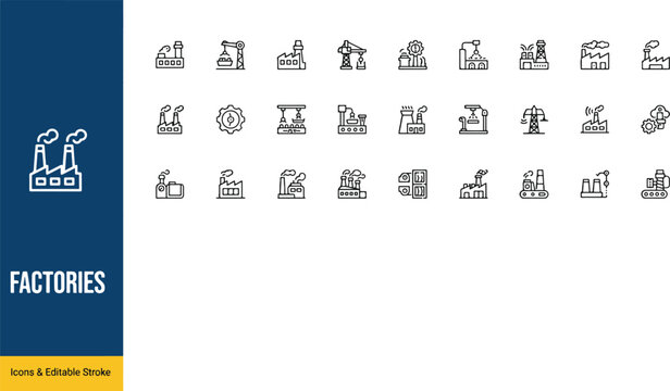 Industrial factory and manufacturing facility line icon collection with manufacturing industry industrial production construction engineering infrastructu