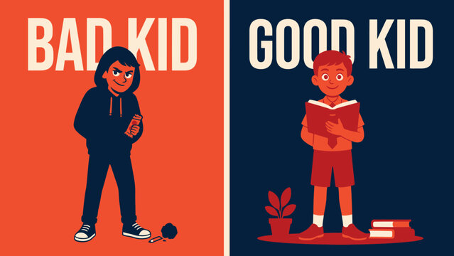 Vector illustration of bad versus good kid behavioral comparison concept with well behaved, behavior