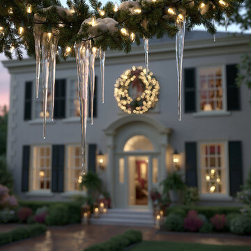 Close up of icicles hanging from a decorated evergreen branch in front of a home
