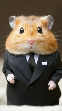 Adorable Golden Hamster Dressed in a Formal Black Suit with Tie and Pocket Square, Business Portrait for Humorous Concepts