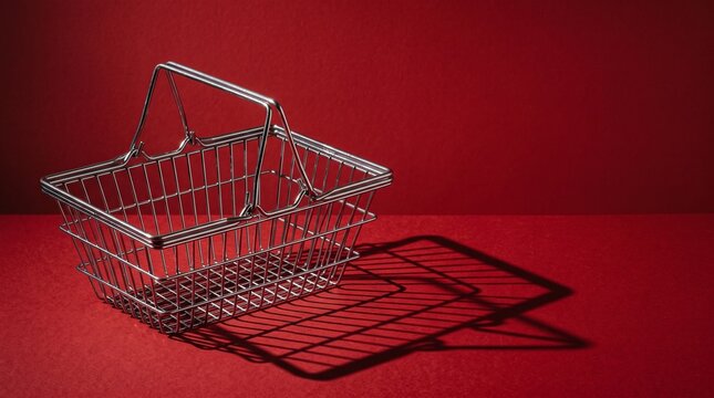 Empty metal shopping basket casting a long shadow on a red surface