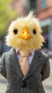Quirky Business Character: Man in Chicken Costume with Suit and Tie &ndash; Humorous Corporate Concept