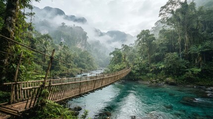 Fototapeta premium Wooden Bridge Over Turquoise River in Misty Forest.