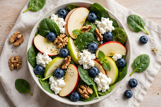 Apple and spinach fresh sweet fruit salad with blueberry, cheese cottage and walnuts, top view