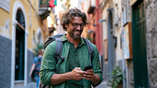 Photorealistic candid lifestyle scene of a male traveler getting completely lost on a narrow winding foreign city street, looking at his phone map with a baffled expression and the