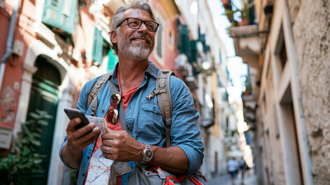 Photorealistic candid lifestyle scene of a male traveler getting completely lost on a narrow winding foreign city street, looking at his phone map with a baffled expression and the
