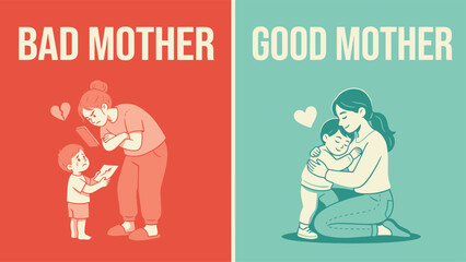 Naklejka premium Vector illustration of good versus bad mother parenting styles comparison with parenting, behavior
