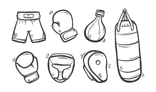 Boxing doodle set. Collection of Boxing training equipments hand drawn illustration. Wrestling sport gear vector elements. Scribble of boxing gloves, head guard, punch bag, speed ball, hook pad.