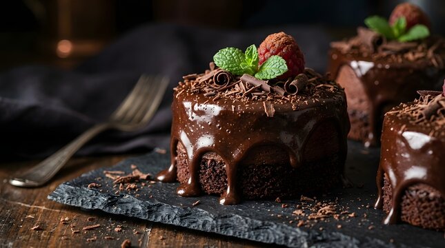 Decadent chocolate mini cakes with ganache glaze and fresh raspberries on a slate platter