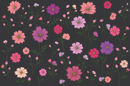 Botanical Painterly Cosmos Floral Seamless Pattern, Collection No.007