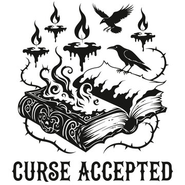 Gothic occult grimoire vector illustration with melting candles and flying crows surrounded by thorny vines and cursed spirits.