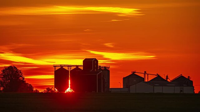 View of grain silos at sunset with a vibrant orange sky over the agricultural landscape in Latvia.