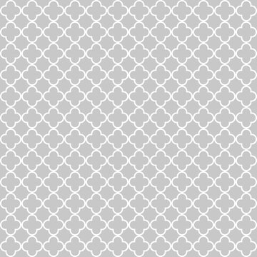 Minimal light gray seamless Moroccan quatrefoil pattern with white outlines. Elegant geometric background for wallpaper, textiles, packaging, stationery, branding, and digital paper.