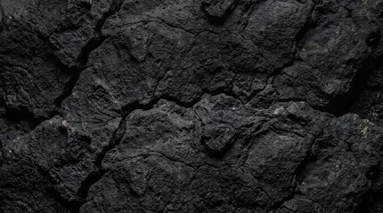 Dark black cracked earth texture background showing dry soil surface with deep fissures and rugged geological patterns © Oriel-team