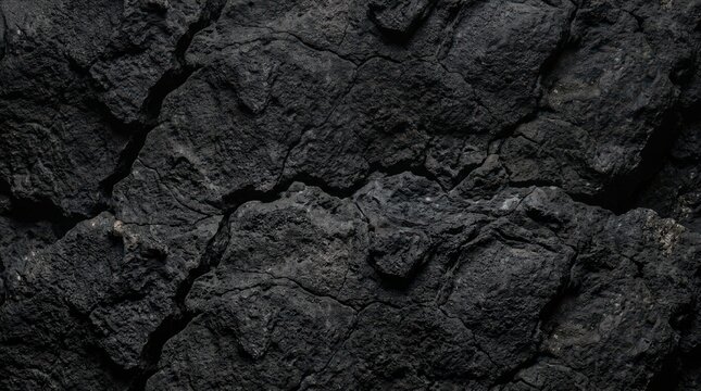 Dark black cracked earth texture background showing dry soil surface with deep fissures and rugged geological patterns