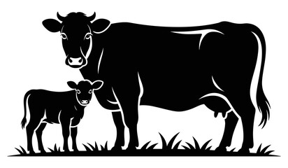 Cow And Calf Silhouette Against White Background Silhouette © PixelNest