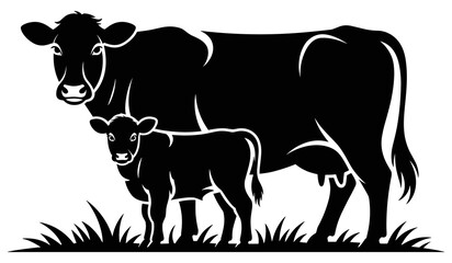 Cow And Calf Standing In Grass Black Silhouette