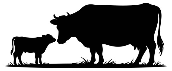 Cow and calf silhouette against a white background silhouette © PixelNest