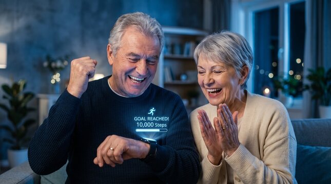 Elderly couple celebrates reaching 10,000 steps goal on smartwatch
