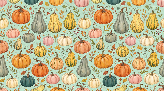 Seamless pattern with watercolor autumn pumpkins and foliage seamless seasonal