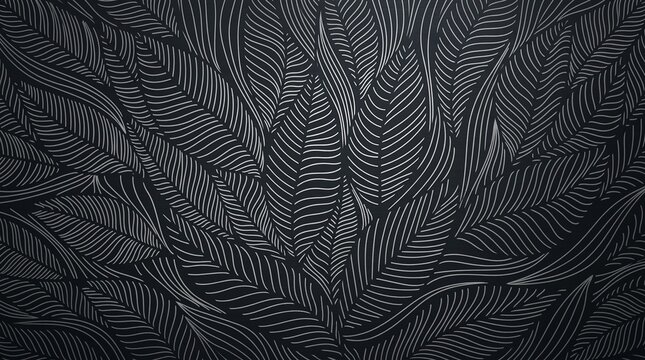 Abstract seamless pattern with handdrawn white leaves on a dark black background