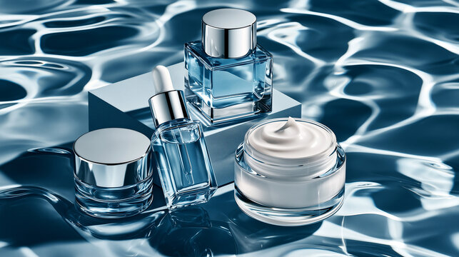 Skincare cosmetic mockup with serum bottles cream jar floating on rippling blue water, luxury minimalist packaging, hydration wellness beauty product presentation, copy space