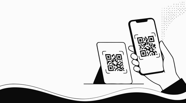Black and white line art illustration of a hand holding a smartphone scanning a QR code on a stand