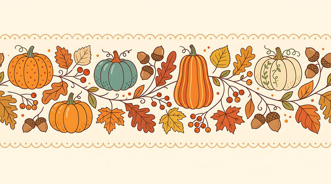 Autumn harvest pumpkin and leaf decorative border illustration with thanksgiving