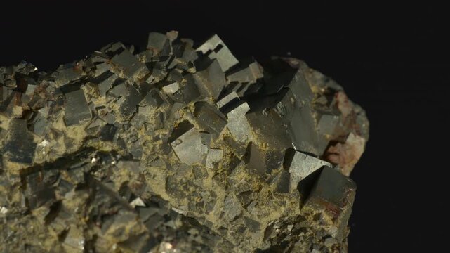 A sample of pyrite mineral with cubic crystals isolated on a black background