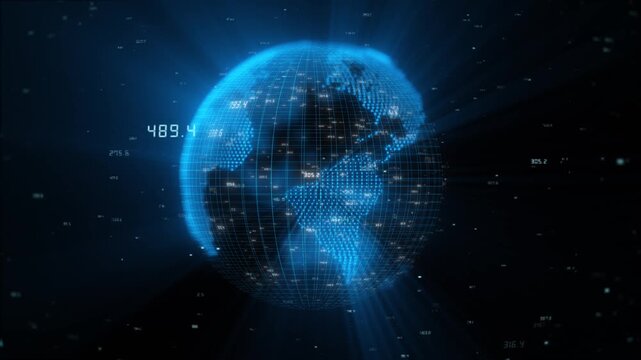 Blue world analytics sphere visual glowing digital globe, numeric finance markers, and cinematic data depth. for market reports, stock dashboards, global trading clips, and motion graphics.