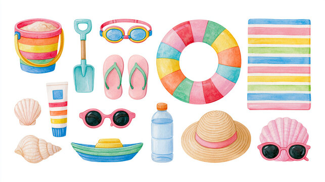 children's beach travel, strict orthographic top-down view, collection of separate items: 1 colorful sand bucket, 1 small shovel, 1 pairs of swim goggles, 1 kids flip-flops, 1 stri
