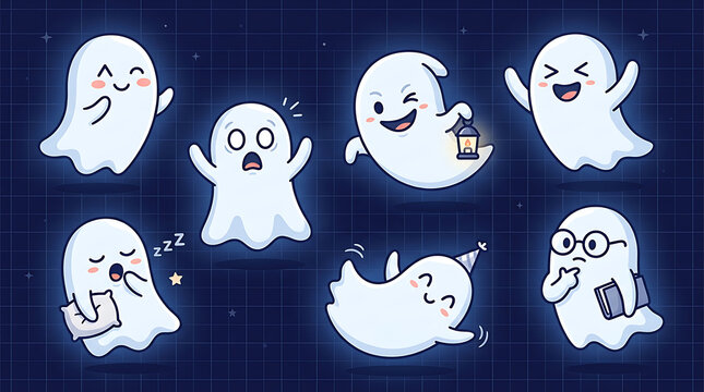 Set of various cute ghost characters doing daily activities with ghost character