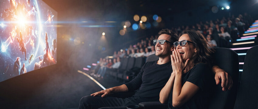 Couple watching movie in cinema wearing stereoscopic glasses while enjoying a sci-fi blockbuster on a bright screen, ideal for film entertainment and premiere concepts