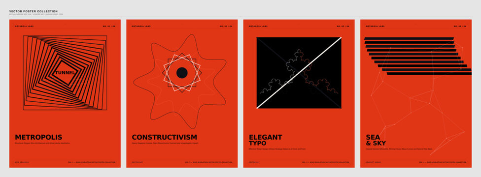 Modern abstract poster collection. Minimalist geometric vector art with bold red background.