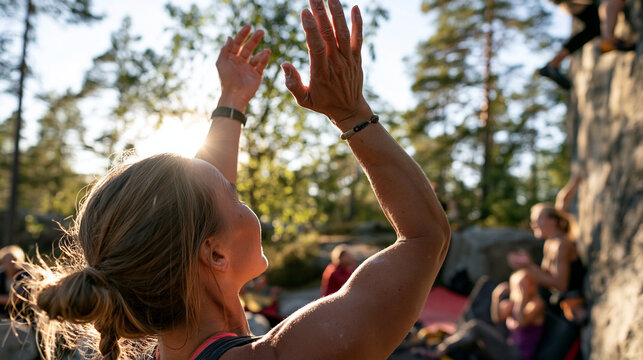 Documentary style photography of teamwork in outdoor bouldering. Close-up view from behind of a spotter with open hands extended upwards, carefully watching a climber on a natural