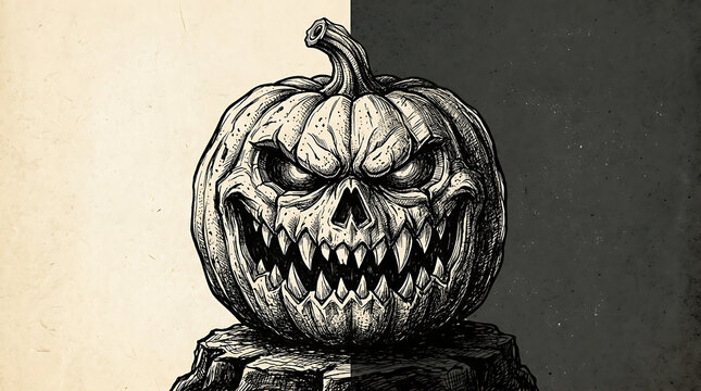 Scary detailed ink drawing illustration of a carved halloween pumpkin