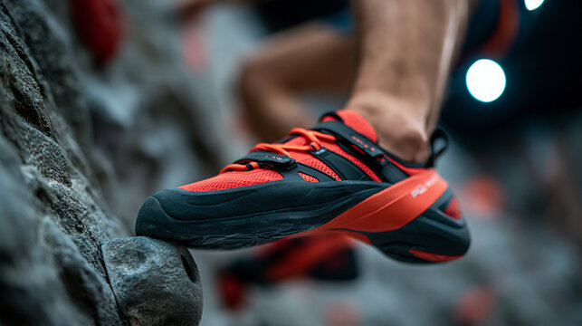 A striking minimalist product mockup visual for climbing equipment. Close-up view of a climber's feet wearing specialized, curved rubber climbing shoes, resting precisely on a tiny