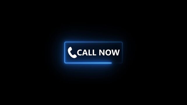 Neon glowing Call Now button icon animation with blue light effect on black background, customer support interface, 4K motion graphic