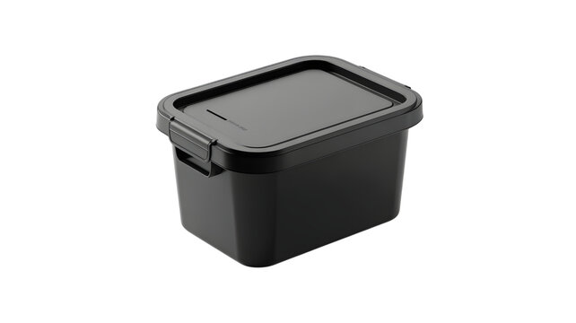 Black plastic storage container with lid and clasp isolated on white background with tupperware organizer canister kitchen