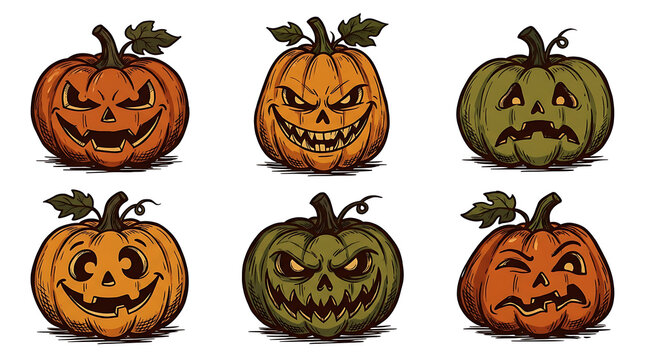 Collection of six spooky halloween pumpkins with angry and scary expressions