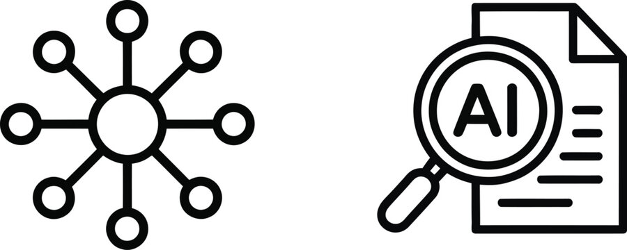 Digital content hub icon featuring AI article tracker, artificial intelligence analysis, content management, and editable line vector illustration.